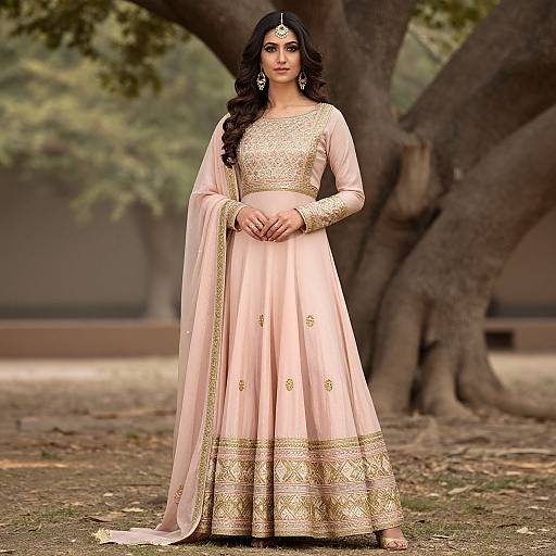 Photograph of a South Asian woman with long black hair, wearing a pink traditional lehenga with gold embroidery, standing in a park with large trees in