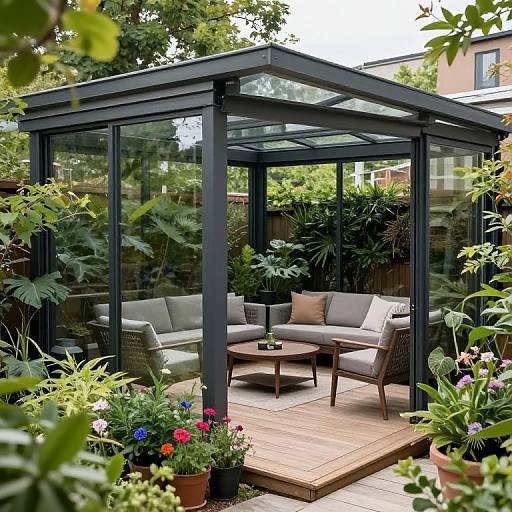 Photograph of a modern, glass-enclosed patio with grey cushioned wicker sofa, wooden coffee table, surrounded by lush greenery and colorful