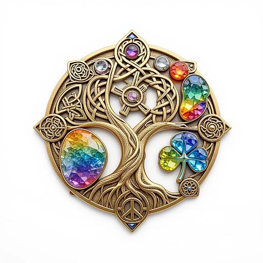 Intricate gold pendant with multicolored gemstones in teardrop and oval shapes, surrounded by ornate Celtic knot patterns, against a white