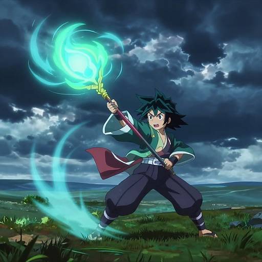 Anime-style digital drawing of a spiky-haired, green-shirted warrior wielding a glowing blue staff under a stormy night sky. Dynamic, grassy