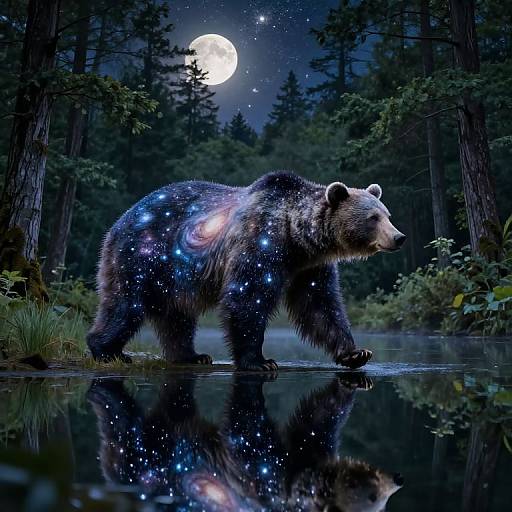 Digital artwork of a cosmic bear walking in a moonlit forest, its fur glowing with star-like patterns, reflected in a still pond.
