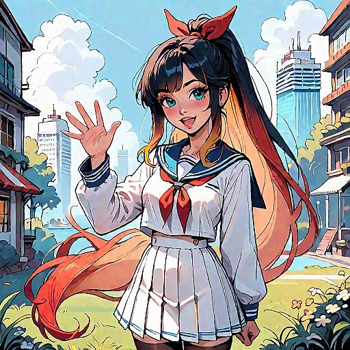 Smiling Schoolgirl with Long Gradient Hair