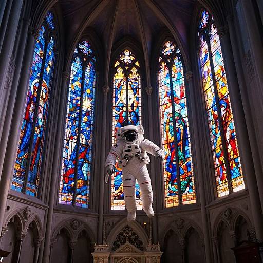 Photograph: Astronaut in white spacesuit floating in front of vibrant stained glass windows inside a Gothic cathedral, creating a striking contrast.