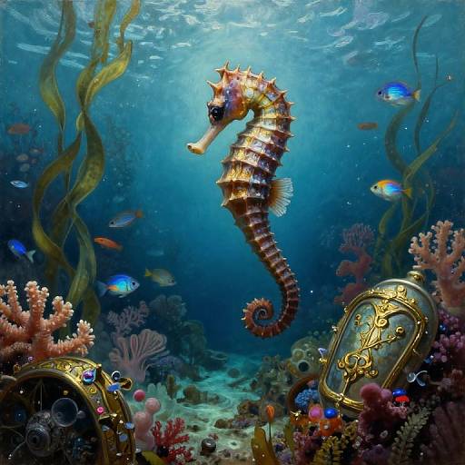 Digital art of a vibrant, golden seahorse with spiky fins, surrounded by colorful coral, fish, and underwater treasures, in a blue,