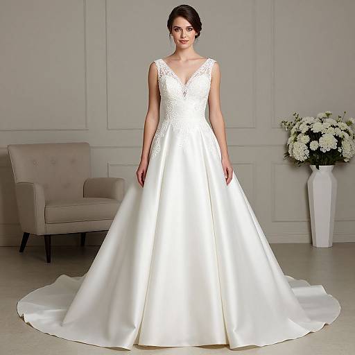 Photograph of a fair-skinned woman with dark hair in an elegant white lace-trimmed wedding gown, standing in a minimalist room with a beige