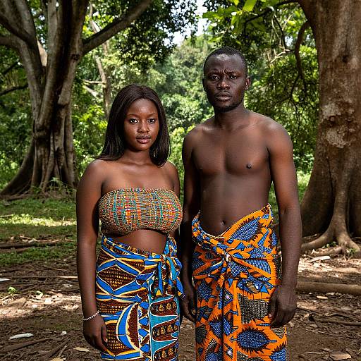 Photograph of a shirtless Black man and a Black woman with brown skin, wearing colorful, patterned African wrap dresses, standing in a lush,