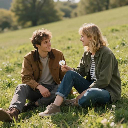Photograph of a curly-haired man and blonde woman sitting in a sunlit meadow, smiling at each other while she holds a daisy. Casual