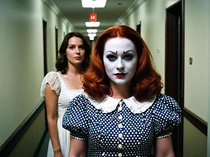 Photograph of a red-haired woman with white face paint and blue polka-dot dress, leading a dark-haired woman in a white dress down a dim