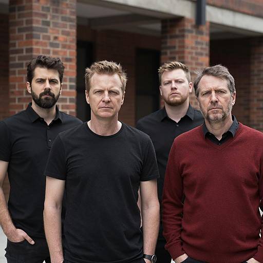 Serious Men Posed by Brick Building