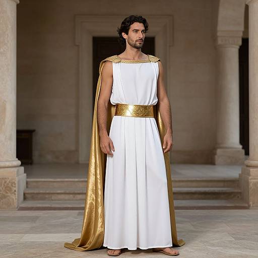 Photograph of a dark-haired, bearded man in ancient Roman-style white tunic with gold trim and cape, standing in a stone-columned hall