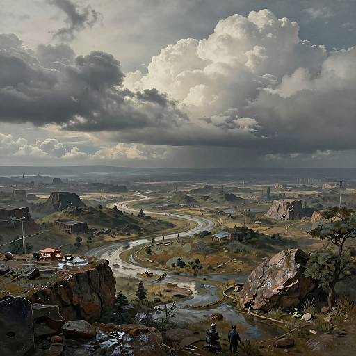 Digital painting of a dramatic, cloud-filled sky over a rugged, winding river valley with rocky cliffs, sparse trees, and distant structures.