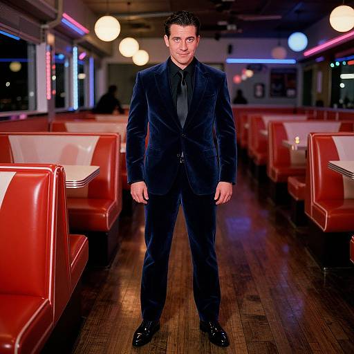 Stylish Man in Velvet Suit at Retro Diner