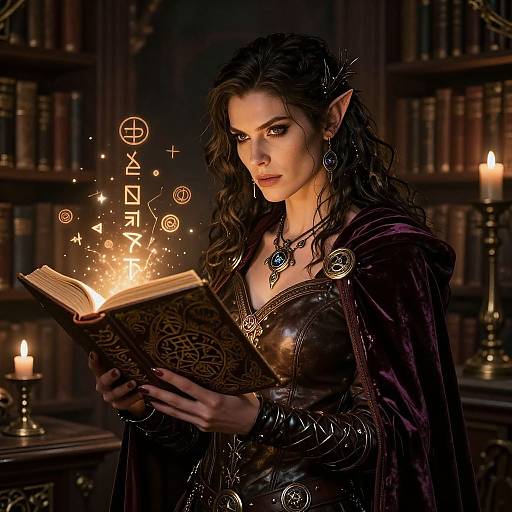 Digital artwork of an elven woman with long dark hair, pointed ears, and glowing eyes, reading a magical book in a dimly lit, candle