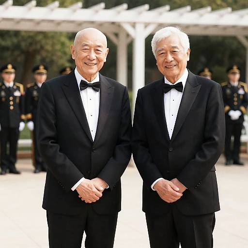 Elderly Men in Tuxedos Under Pergola