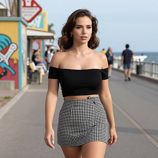 Photograph of a young woman with wavy brown hair, wearing a black off-shoulder top and black-and-white houndstooth skirt,