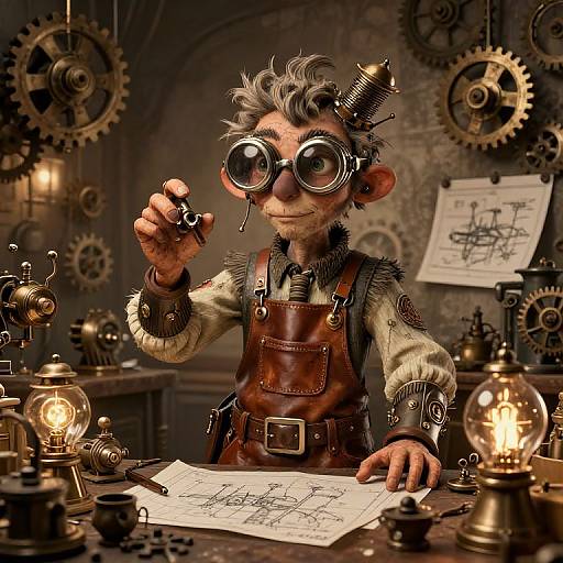 Steampunk child inventor with goggles, brown leather apron, and curly gray hair, drawing on a desk surrounded by gears and glowing bulbs.