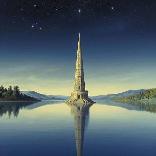 Photograph-style digital artwork of a solitary, tall, stone church steeple on a calm, reflective lake under a starry, twilight sky.