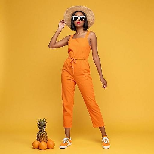 Photograph of a black woman in an orange jumpsuit, wide-brimmed straw hat, white sunglasses, red lipstick, and white sneakers, standing