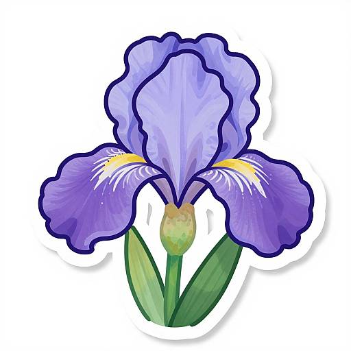 Digital illustration of a vivid purple iris with yellow and white accents, green stem, and leaves, outlined in bold black.