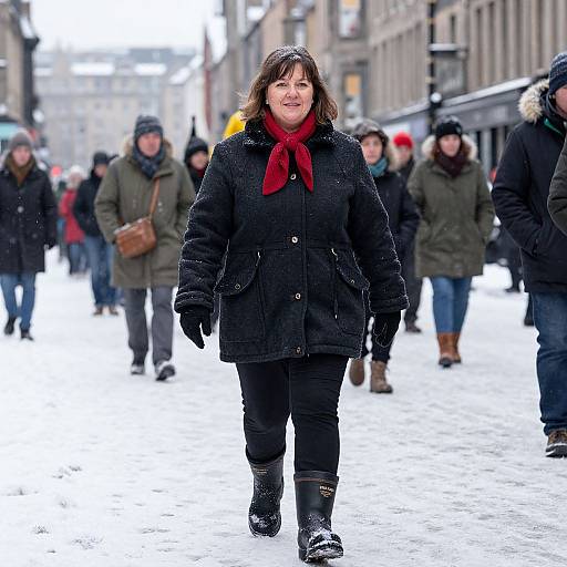 Photograph of a woman with shoulder-length brown hair, wearing a black coat, red scarf, black gloves, and boots, walking on a snowy urban