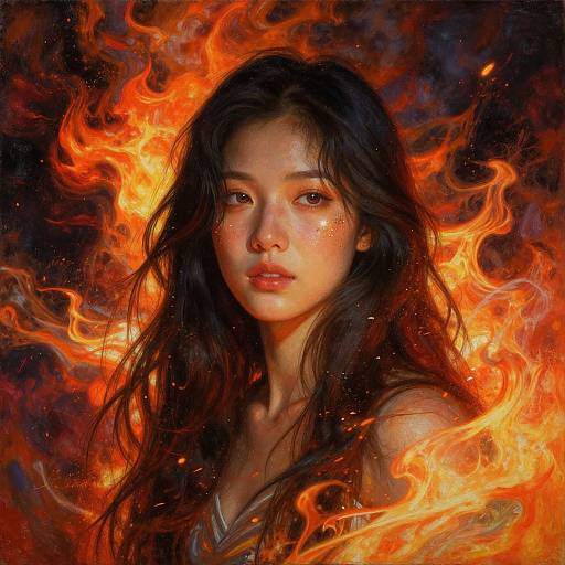 Digital painting of an Asian woman with long black hair, glowing skin, surrounded by vivid orange and red flames, creating a mystical, fiery aura against a
