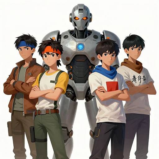 Digital anime-style illustration of five young men and a silver robot with glowing blue eyes, standing with crossed arms, wearing casual clothes.