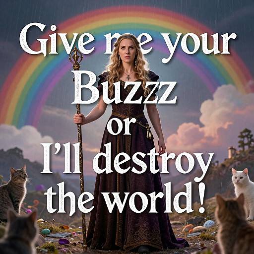 Photograph of a blonde woman in a black dress holding a staff, with a rainbow and cats in the background, text overlay: 