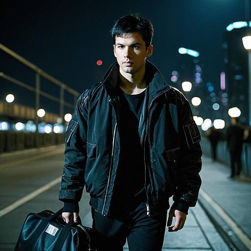Man in Black Jacket and Pants at Night in City