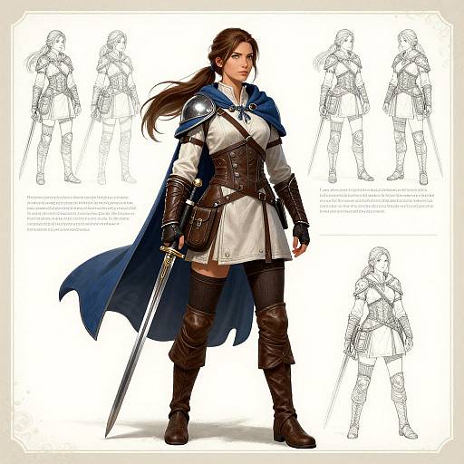 Digital illustration of a confident, brown-haired woman in medieval armor, holding a sword, with a blue cape, and detailed sketches in background.