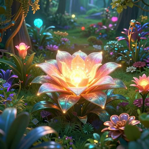 Digital fantasy illustration of a glowing, neon-pink lotus flower at the center of a vibrant, enchanted forest with colorful glowing flowers and lush greenery