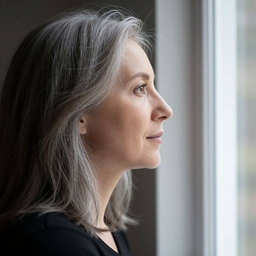 Photograph of a middle-aged woman with gray hair, side profile, looking out a window, wearing black clothing, soft natural light.