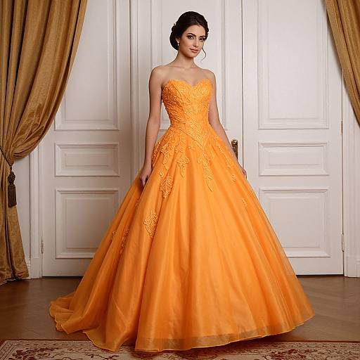 Photograph of a slender woman with dark hair in an elaborate, bright orange, strapless ball gown, standing in front of white double doors with gold