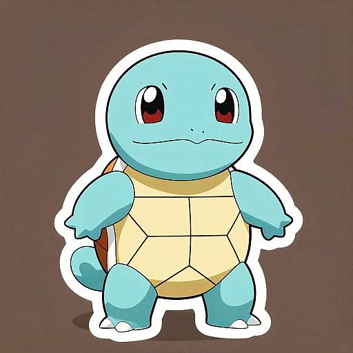 Digital drawing of a cute, blue, cartoon turtle-like Pokémon with a yellow shell, red eyes, and a small smile, outlined in white against a