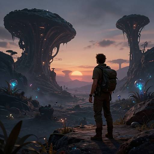 Silhouetted adventurer with backpack faces alien sunset landscape, featuring giant, bioluminescent mushrooms and glowing plants, in a sci-fi digital painting