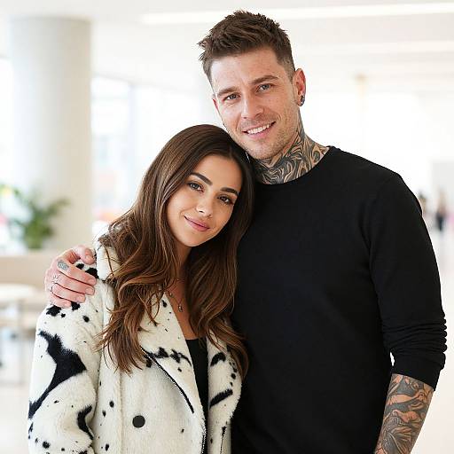 Photograph of a smiling couple; brunette woman in white black-patterned coat, tattooed man in black shirt, standing closely, bright background.