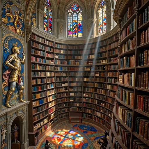 Photograph of a grand, illuminated library with curved shelves, colorful stained glass windows, ornate golden statues, and a vibrant mosaic floor.