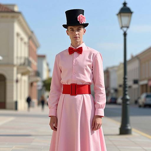 Photograph of a young man in a pink dress, red bowtie, and black top hat with a pink rose, standing on a sunlit,