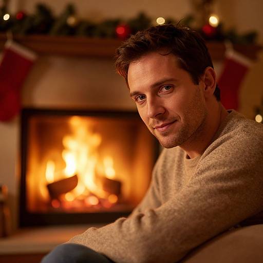 Photograph of a handsome, young white man with short brown hair, smiling, wearing a beige sweater, sitting in front of a warmly lit fireplace adorned