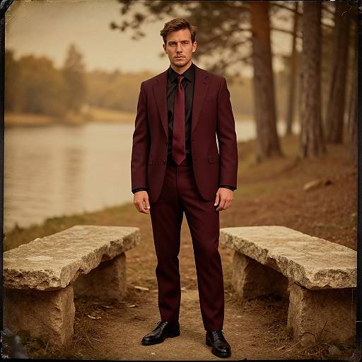 Photograph of a serious-looking man in a dark brown suit with black shirt and tie, standing on a dirt path between two stone benches, with a