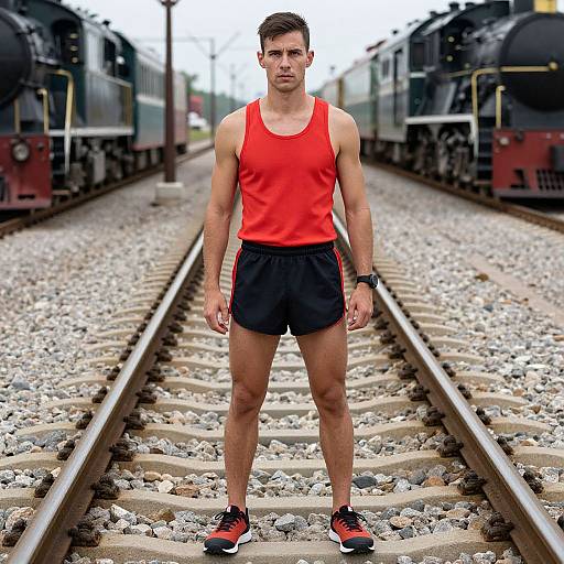 Photograph of a muscular young man in a red tank top, black shorts, and red sneakers standing on railroad tracks between two trains.