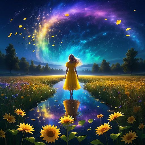 Girl in Meadow Under Colorful Auroras Girl in Meadow Under Colorful Auroras