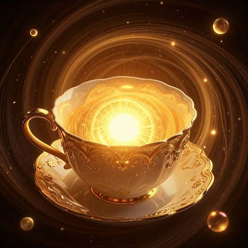 Glowing golden teacup with intricate patterns, filled with radiant light, sits on an ornate saucer, surrounded by swirling cosmic orbs in
