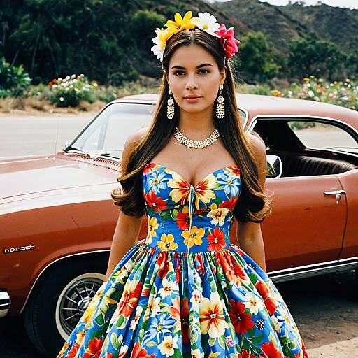 Woman in Colorful Dolores Encanto Dress by Vintage Car
