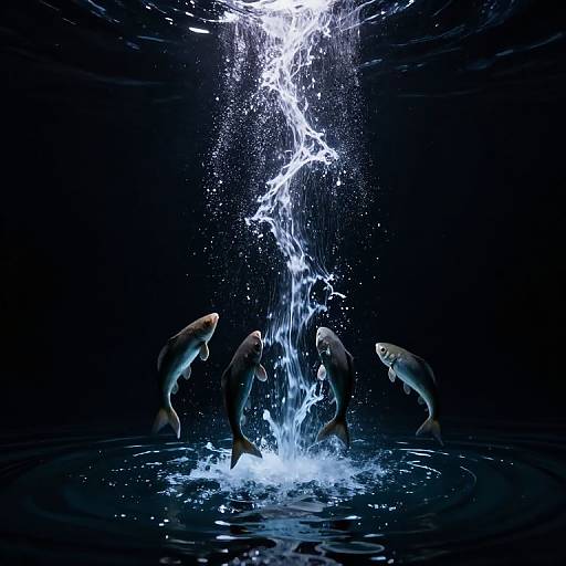 Photograph of four dolphins jumping out of dark, sparkling blue water, creating a dramatic splash with illuminated, cascading water droplets.