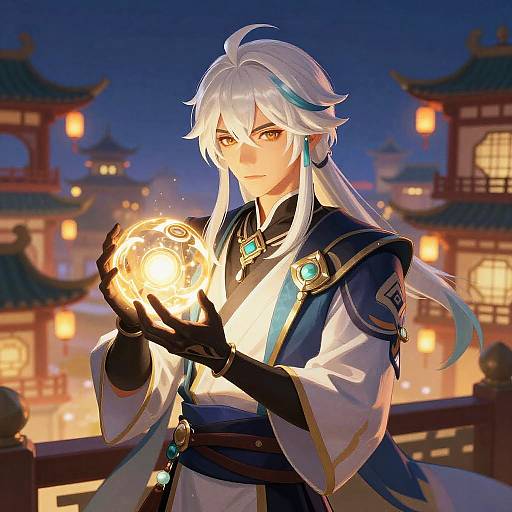 Digital anime-style artwork of a white-haired, androgynous mage with glowing orb, wearing blue and white robes, black gloves, and turquoise jewelry