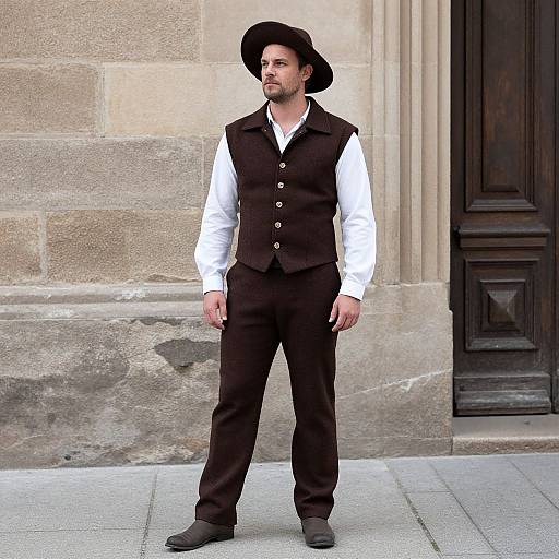 Photograph of a bearded man in white shirt, black vest, and pants, with a wide-brimmed black hat, standing against a stone