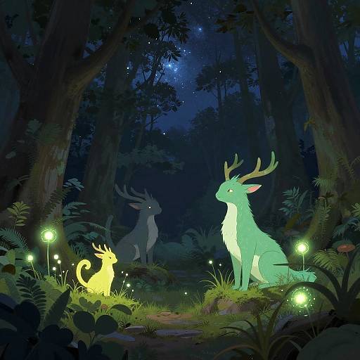 Nighttime forest scene with glowing fireflies, a yellow dragon-like creature, and two green, antlered beings under a starry sky. Digital