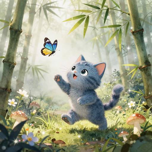 Cute, gray, fluffy kitten with wide eyes reaches up to a blue and yellow butterfly in a sunlit, magical forest.