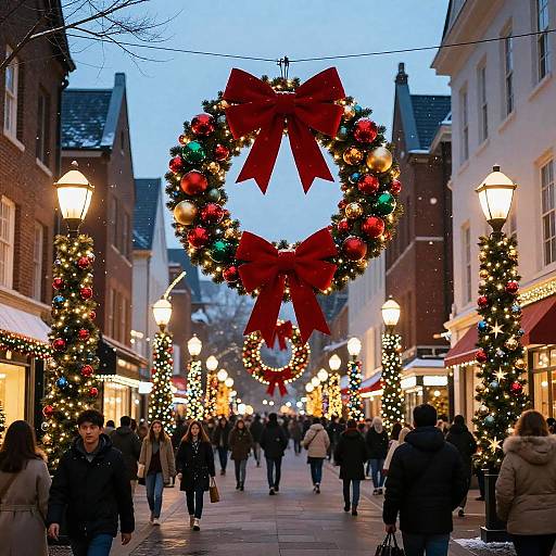 Photograph of a festive street at dusk, adorned with large red bow Christmas wreaths, twinkling lights, and warm street lamps, with people walking