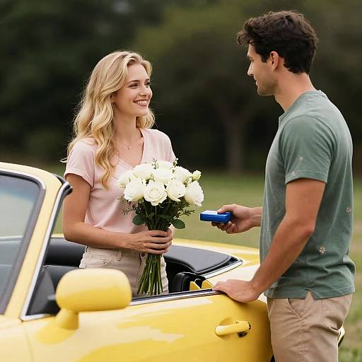 Outdoor Romance with Flowers and Convertible